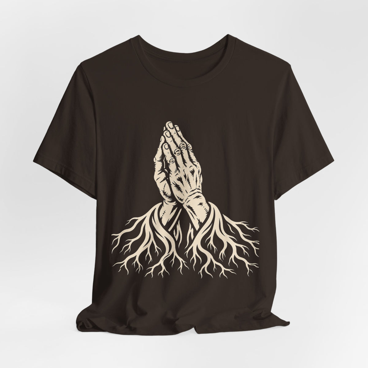 Rooted in Faith | Praying Hands & Tree Roots Graphic T-Shirt | LinoRock