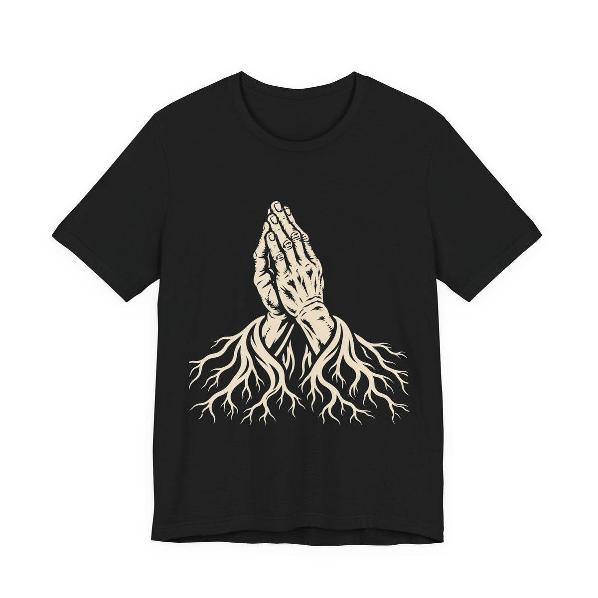 Rooted in Faith | Praying Hands & Tree Roots Graphic T-Shirt | LinoRock