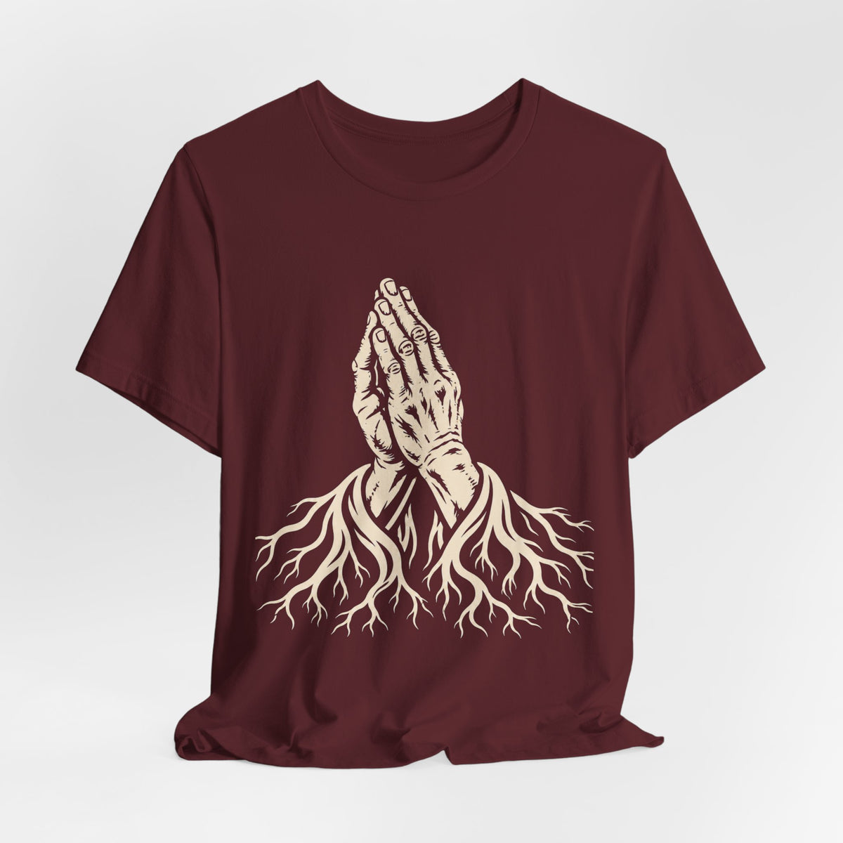 Rooted in Faith | Praying Hands & Tree Roots Graphic T-Shirt | LinoRock