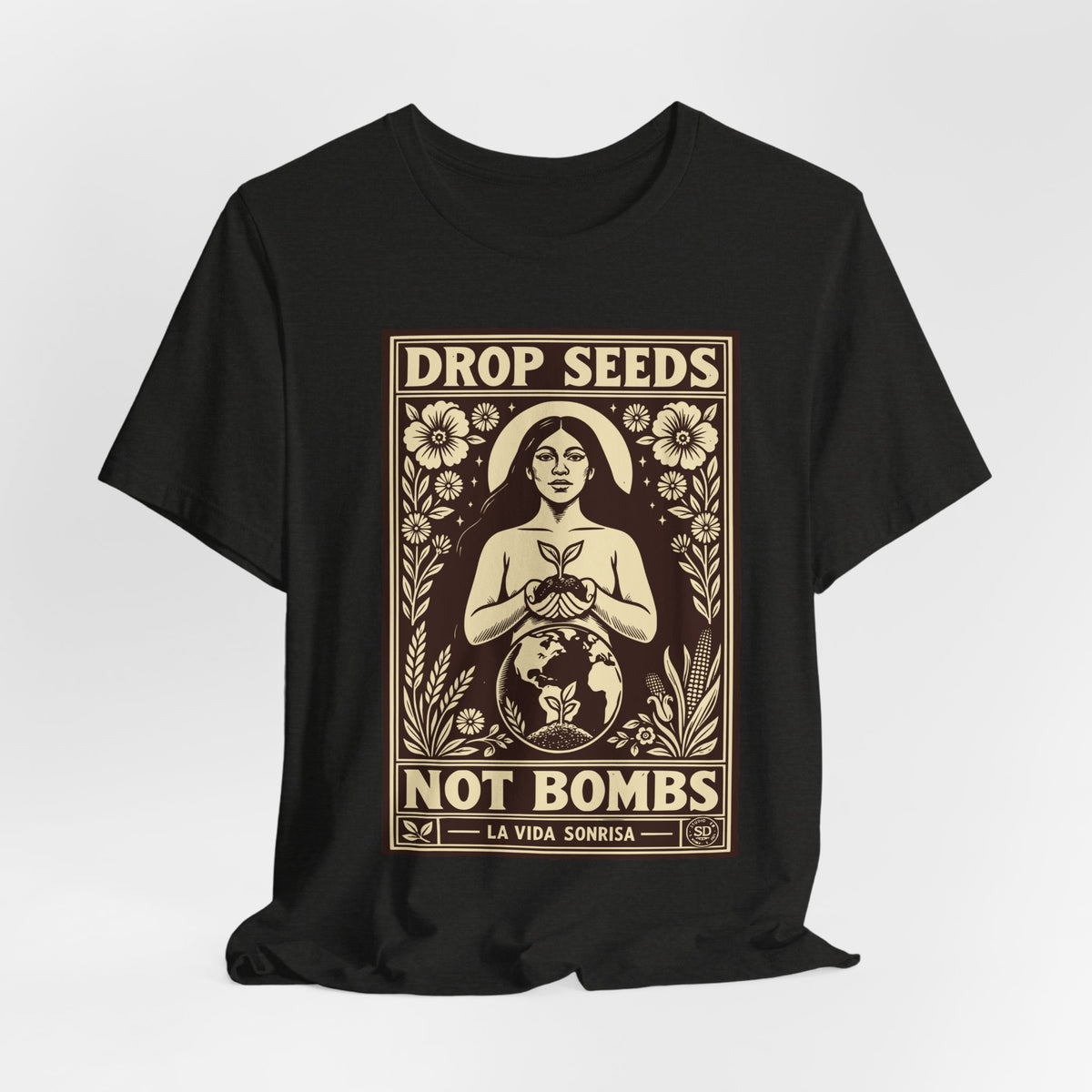 Drop Seeds Not Bombs | Peace & Gardening Linocut T-Shirt | LinoRock