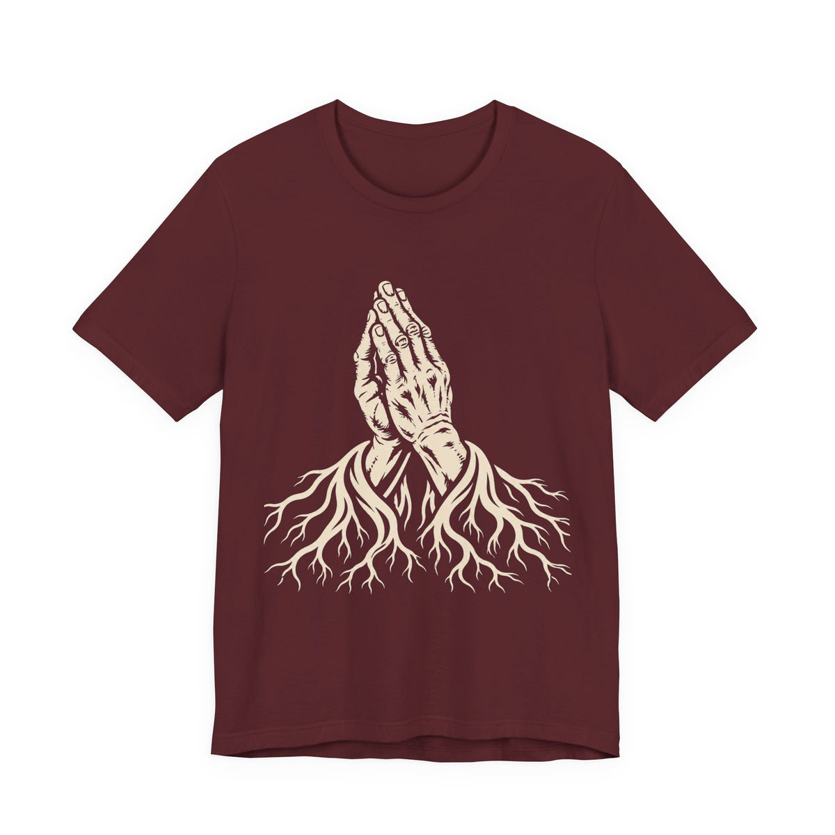 Rooted in Faith | Praying Hands & Tree Roots Graphic T-Shirt | LinoRock