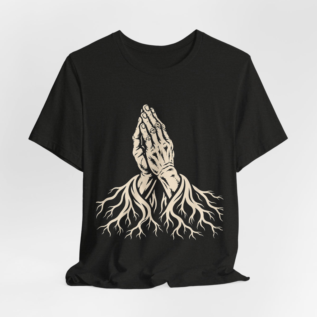 Rooted in Faith | Praying Hands & Tree Roots Graphic T-Shirt | LinoRock