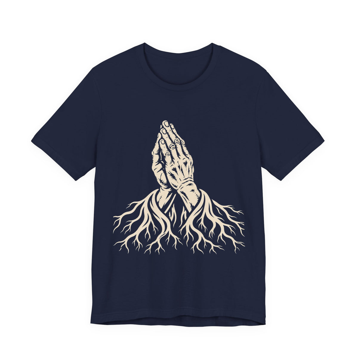 Rooted in Faith | Praying Hands & Tree Roots Graphic T-Shirt | LinoRock