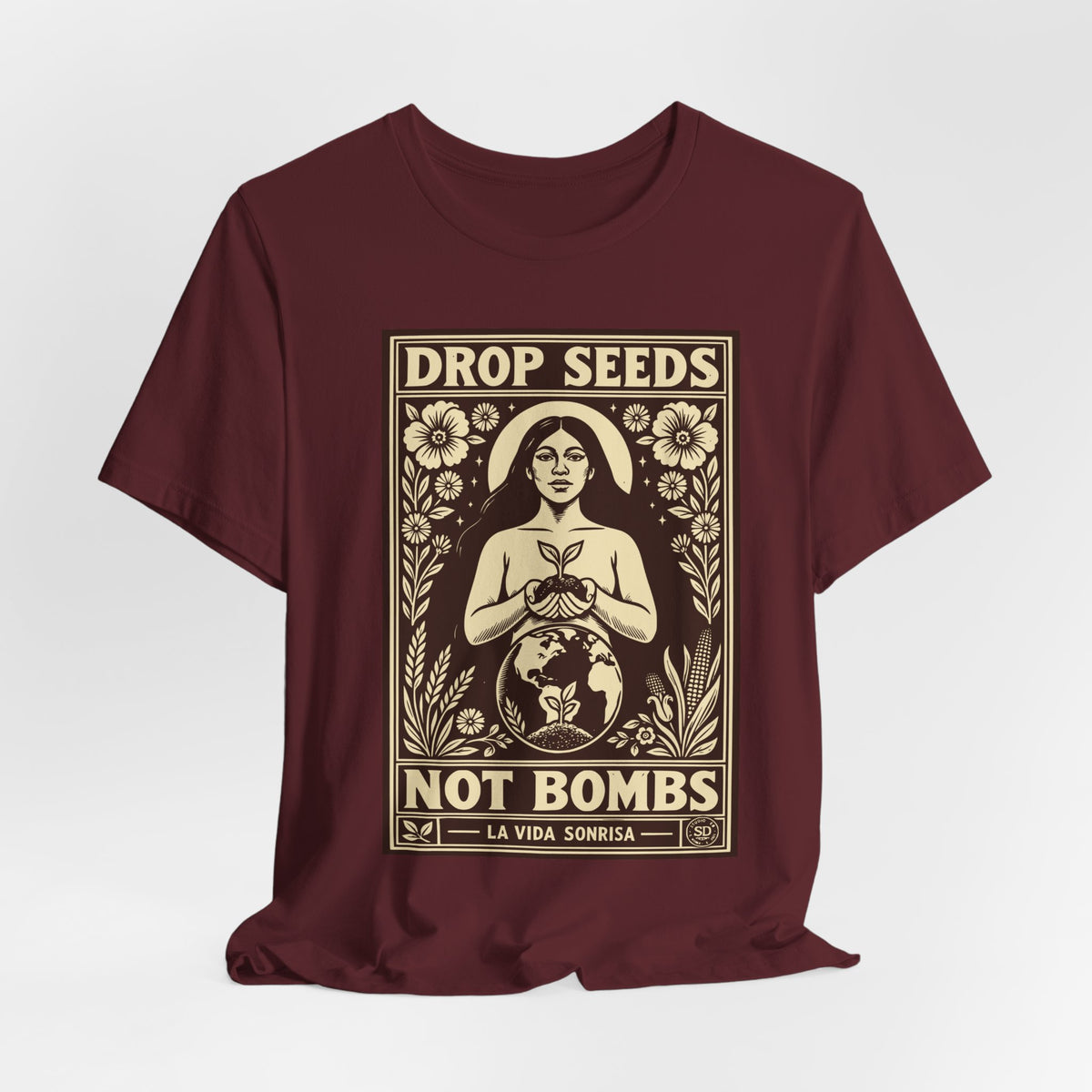 Drop Seeds Not Bombs | Peace & Gardening Linocut T-Shirt | LinoRock