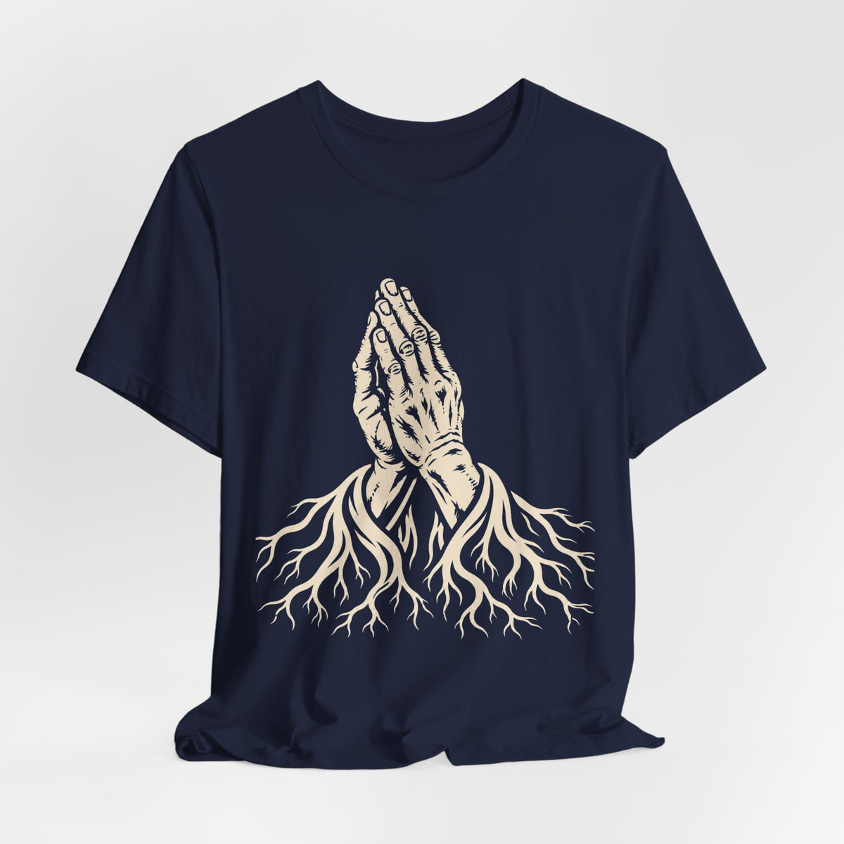Rooted in Faith | Praying Hands & Tree Roots Graphic T-Shirt | LinoRock