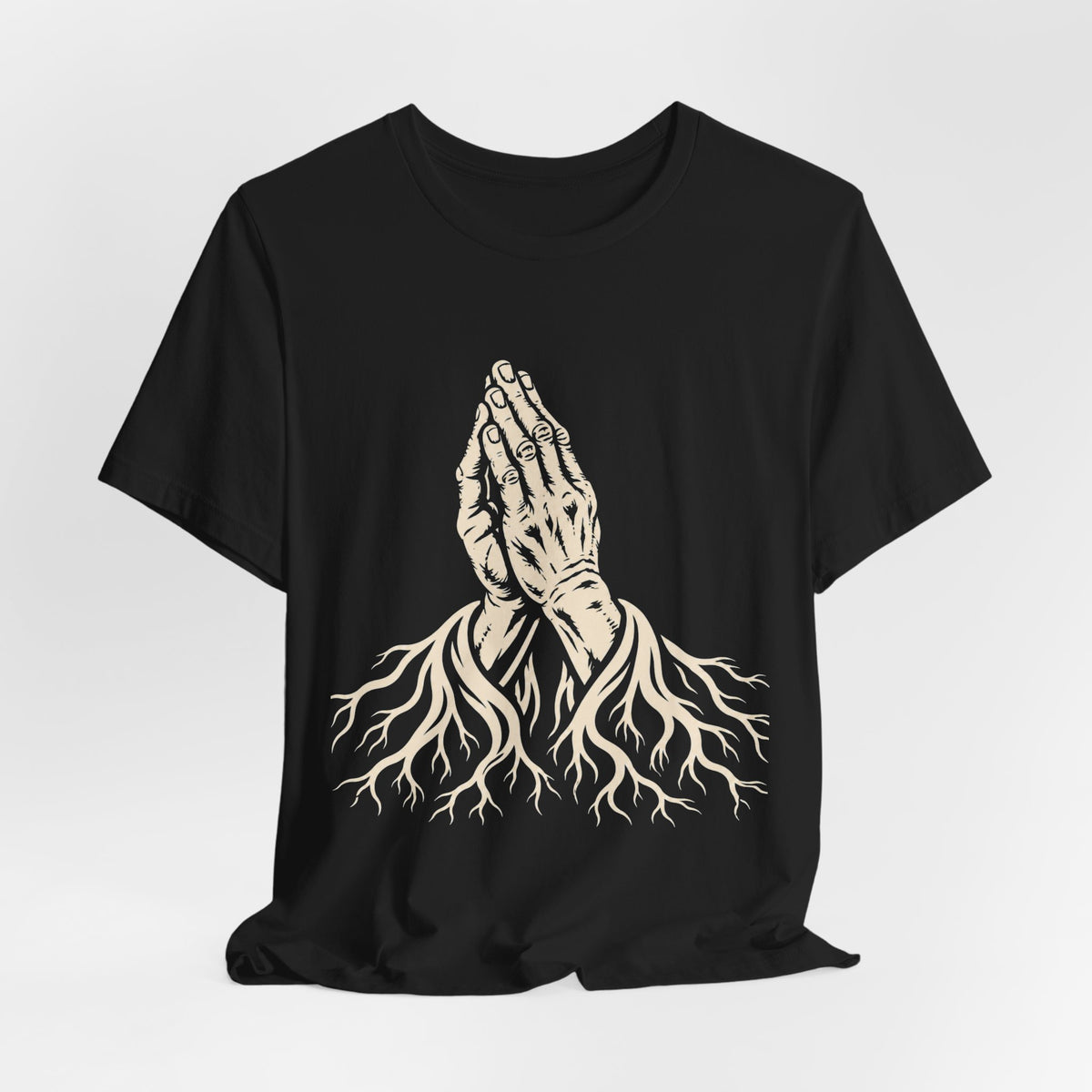 Rooted in Faith | Praying Hands & Tree Roots Graphic T-Shirt | LinoRock