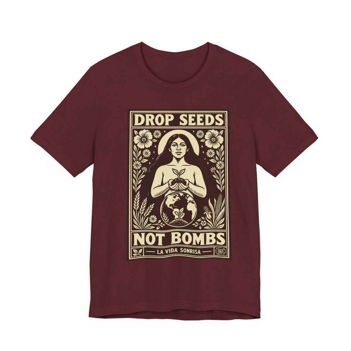 Drop Seeds Not Bombs | Peace & Gardening Linocut T-Shirt | LinoRock